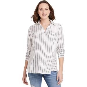 NWOT INGRID ISABEL Top XL Maternity Linen Blend Stripe Snap Long Sleeve Popover